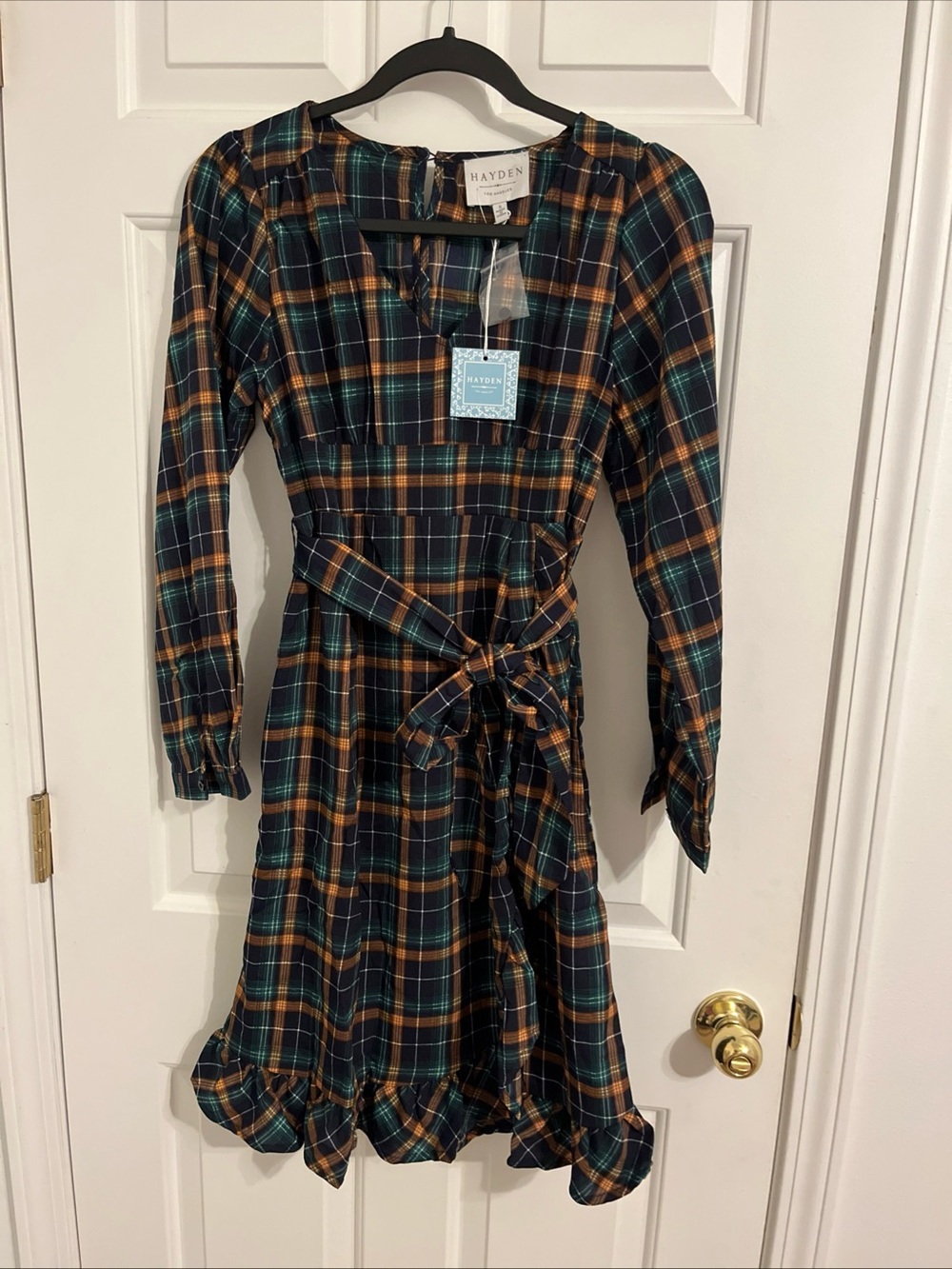 Hayden Teal & Mustard Plaid Tie-Waist Dress